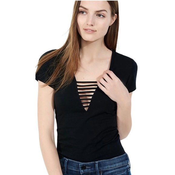 Express Black V-Neck Short Sleeve Tee Size Medium - Picture 1 of 5